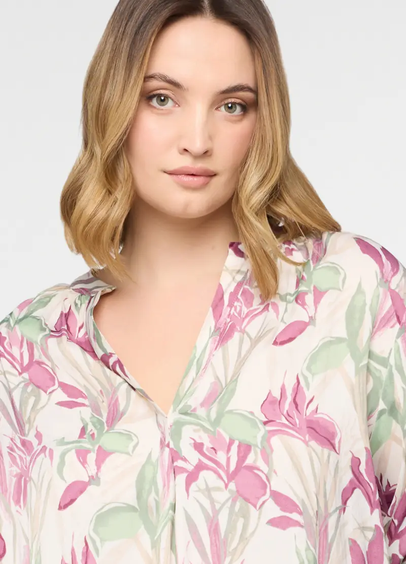 Blusa Over Fit Con Scollo A V Donna Curvy, Bianco/Rosa miniatura 3