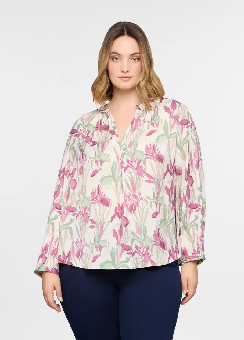 Blusa Over Fit Con Scollo A V Donna Curvy, Bianco/Rosa