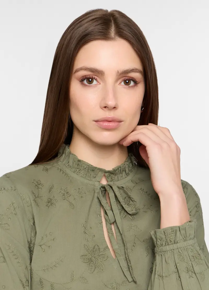 Blusa Regular Fit Con Scollo A Goccia In Puro Cotone Donna, Verde oliva miniatura 3