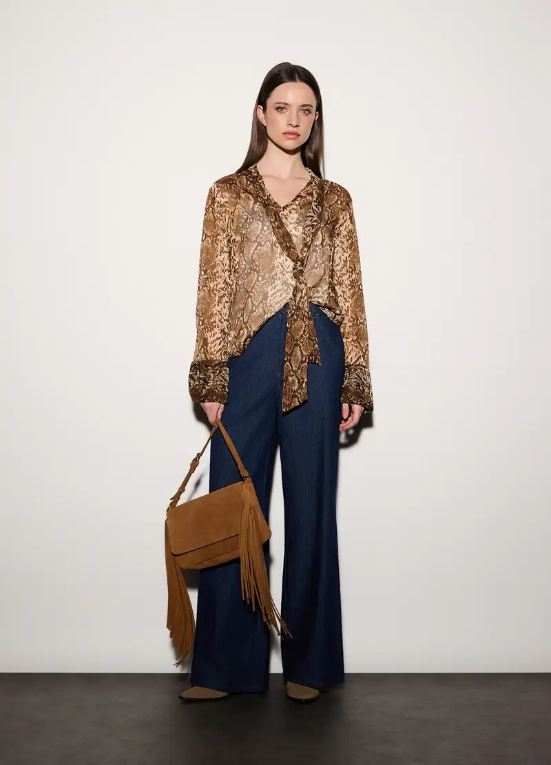 Blusa Regular Fit Con Scollo A V Donna, Unisex, Marrone chiaro