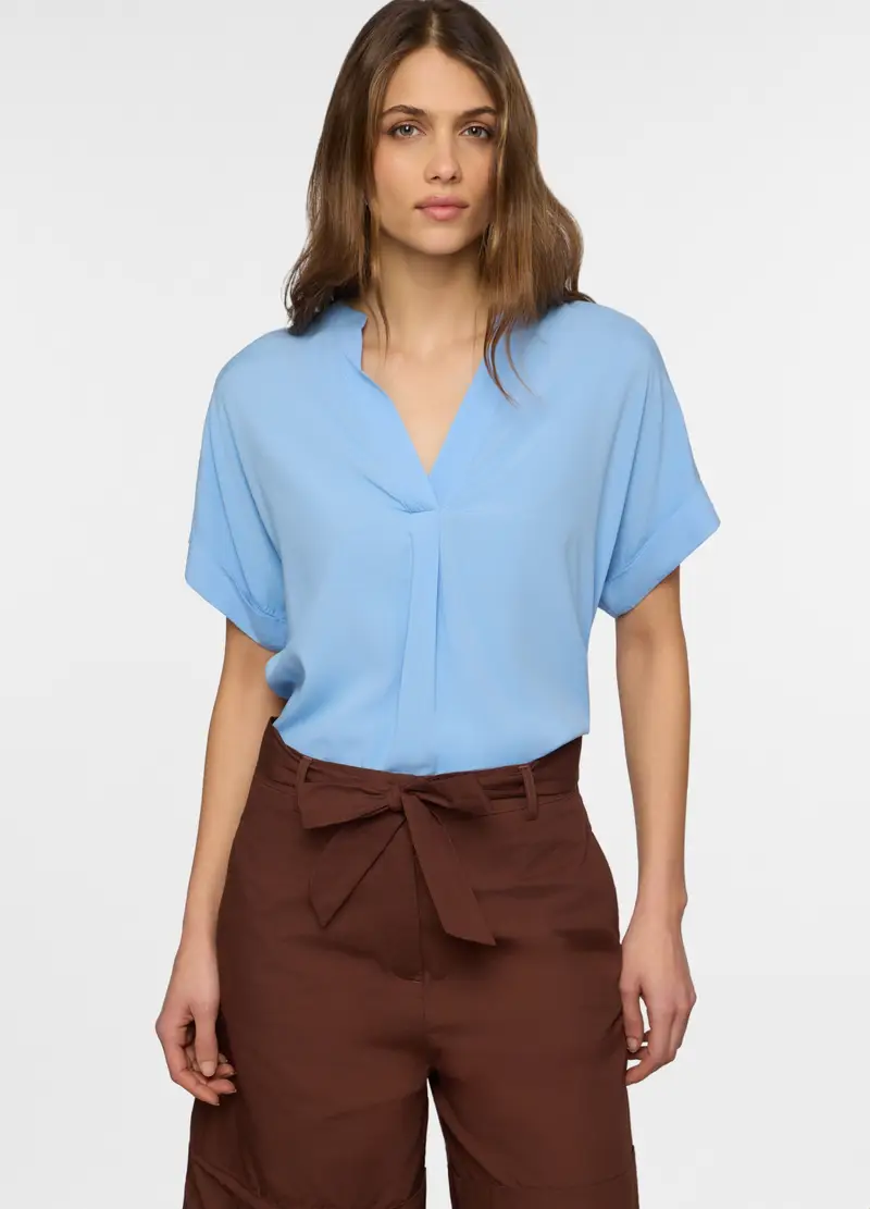 Blusa Regular Fit Con Scollo A V In Pura Viscosa Donna, Azzurro chiaro