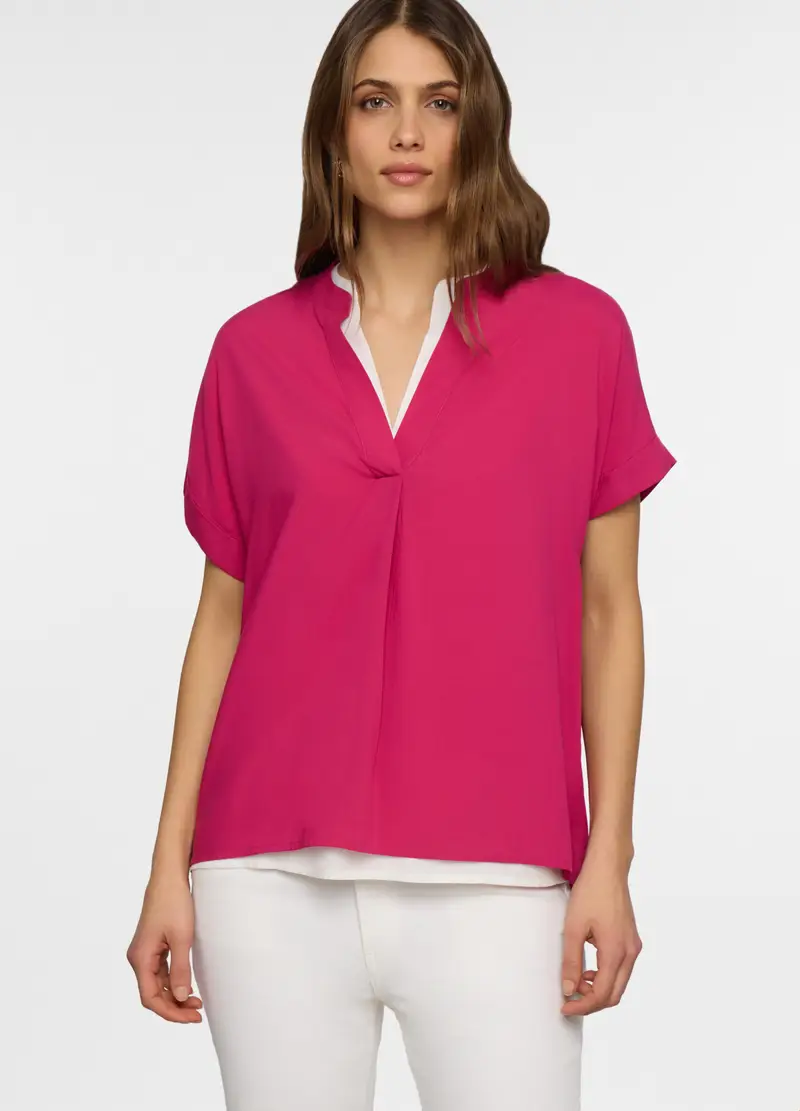 Blusa Regular Fit Con Scollo A V In Pura Viscosa Donna, Rosa fuxia
