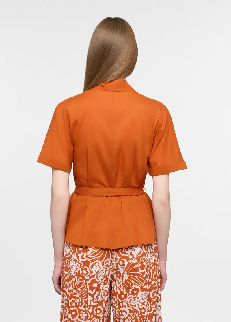 Blusa Regular Fit Con Scollo A V In Puro Cotone Donna, Arancione papaya miniatura 2