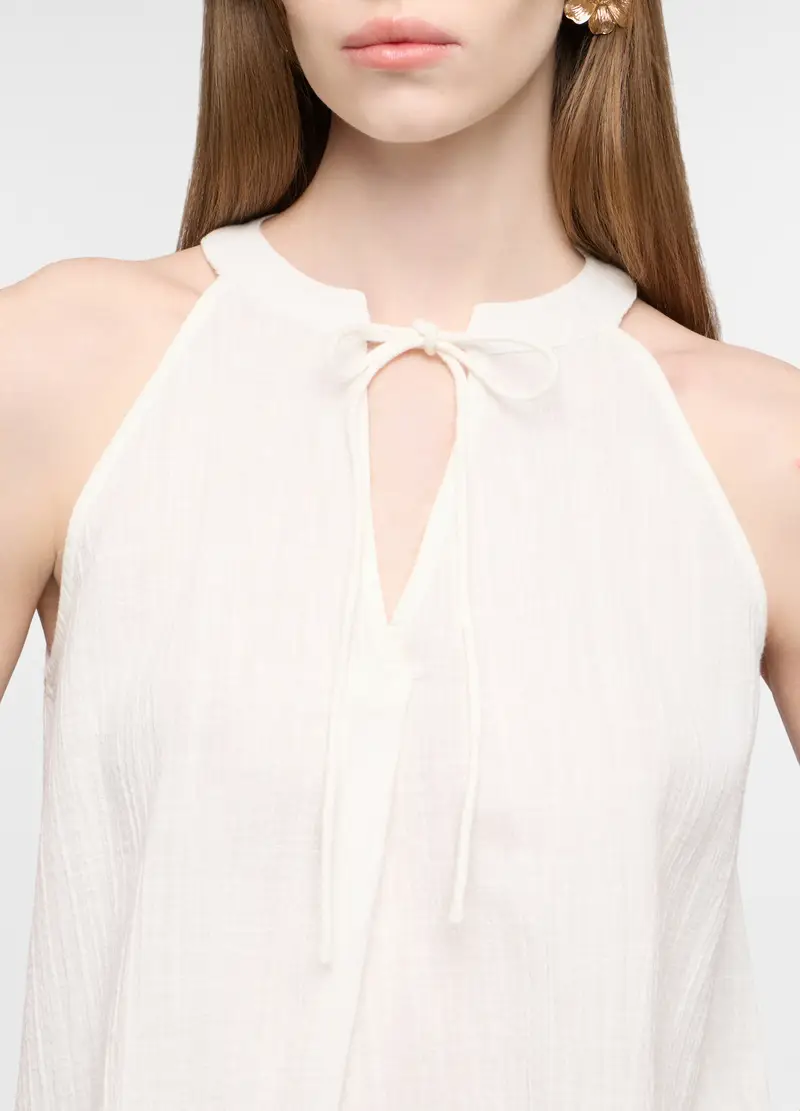 Blusa Regular Fit Con Scollo A V In Puro Cotone Donna, Bianco panna miniatura 3