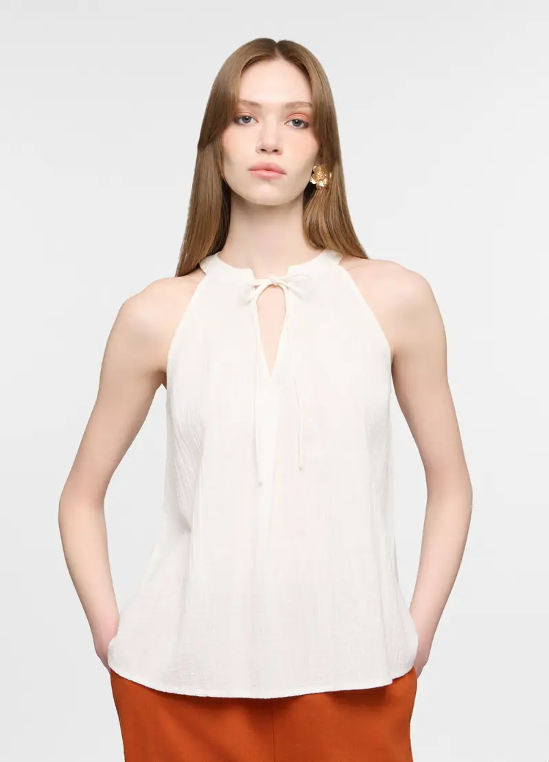 Blusa Regular Fit Con Scollo A V In Puro Cotone Donna, Bianco panna