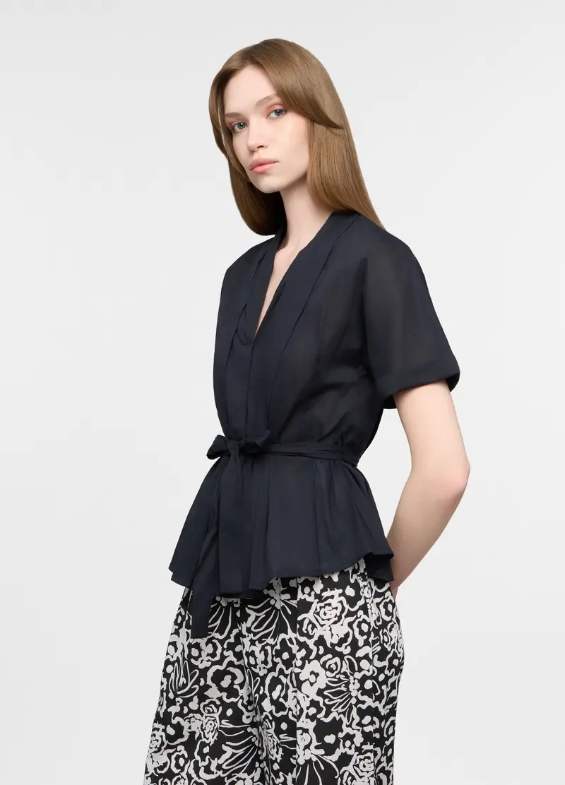 Blusa Regular Fit Con Scollo A V In Puro Cotone Donna, Nero