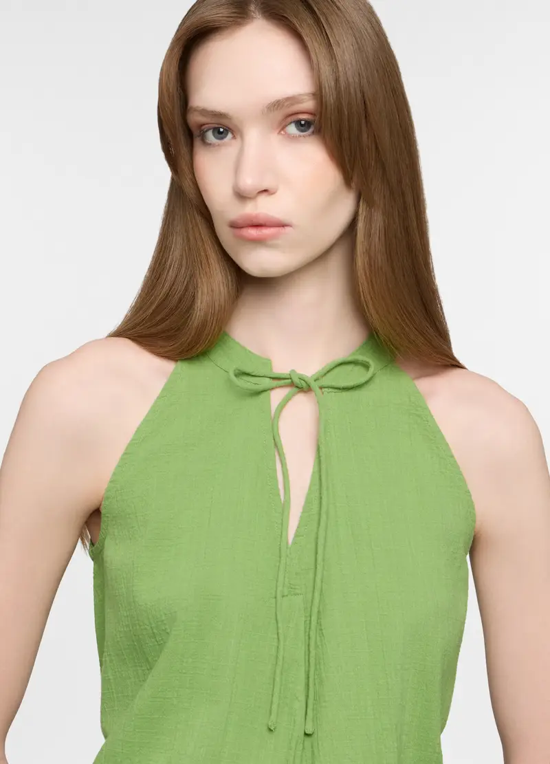 Blusa Regular Fit Con Scollo A V In Puro Cotone Donna, Verde foglia miniatura 3