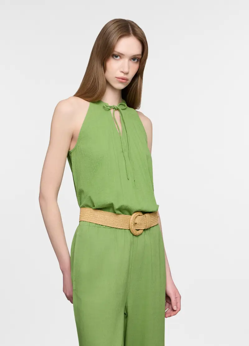 Blusa Regular Fit Con Scollo A V In Puro Cotone Donna, Verde foglia