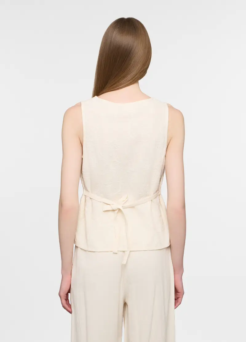 Blusa Regular Fit Con Scollo A V Misto Cotone Donna, Bianco avorio miniatura 2