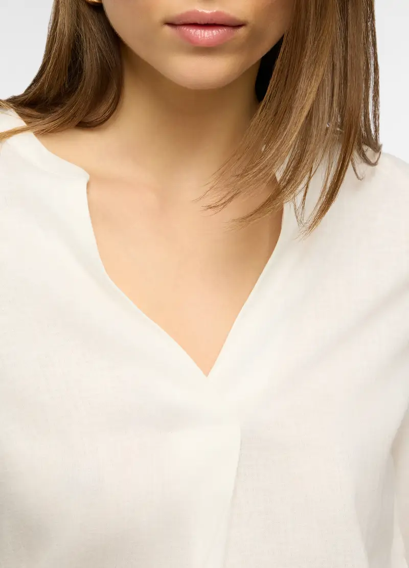 Blusa Regular Fit Con Scollo A V Misto Lino Donna, Bianco gesso miniatura 3