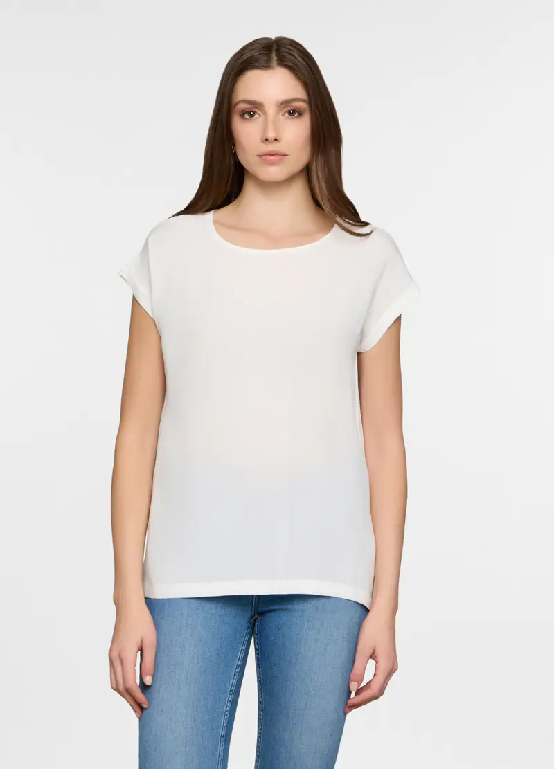 Blusa Regular Fit Con Scollo Rotondo Donna, Bianco panna