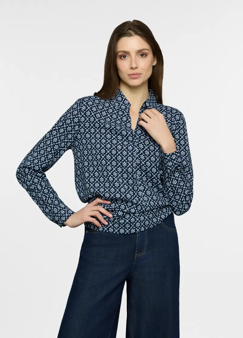 Blusa Regular Fit In Pura Viscosa Con Scollo A V Donna, Blu navy
