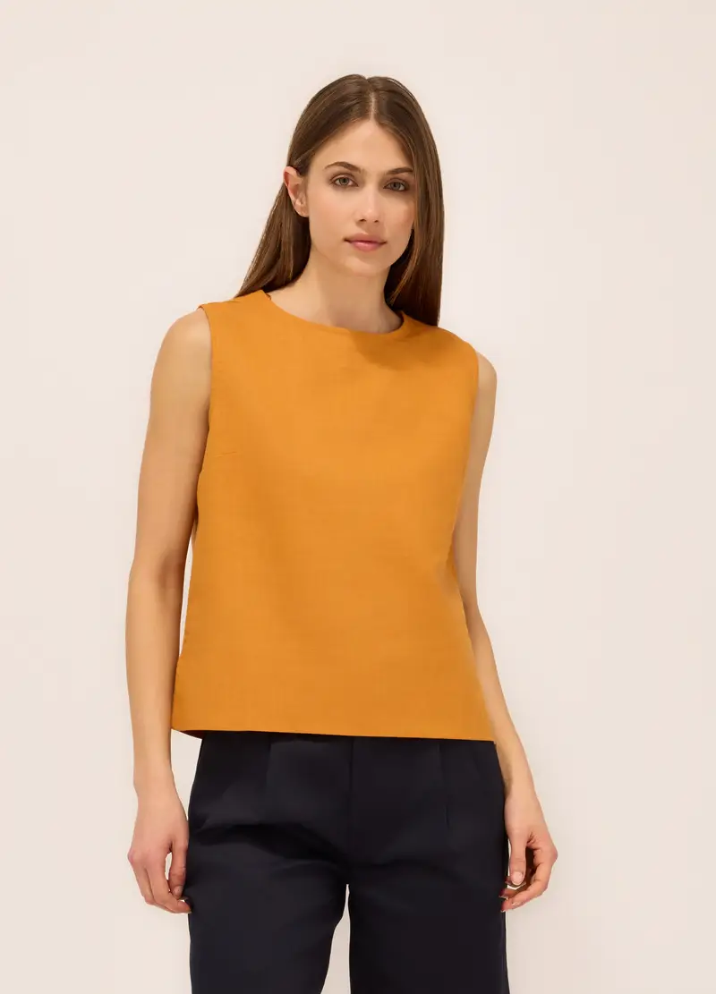 Blusa Smanicata In Misto Lino Donna, Arancione papaya