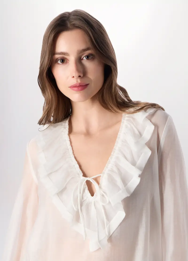 Blusa Voile Misto Lyocell Donna, Bianco gesso miniatura 3