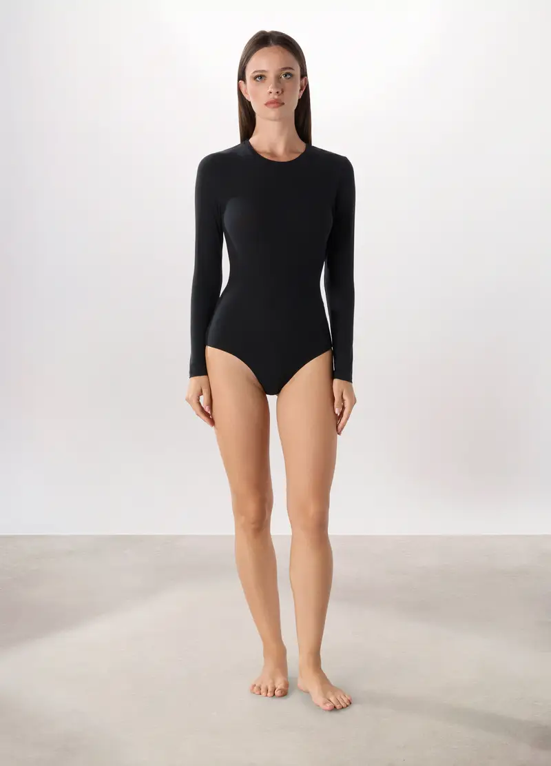 Body A Maniche Lunghe In Costina Donna, Nero