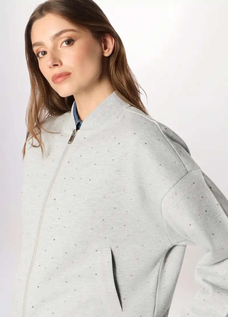 Bomber In Interlock Di Cotone Stretch Donna, Grigio chiaro melange miniatura 3