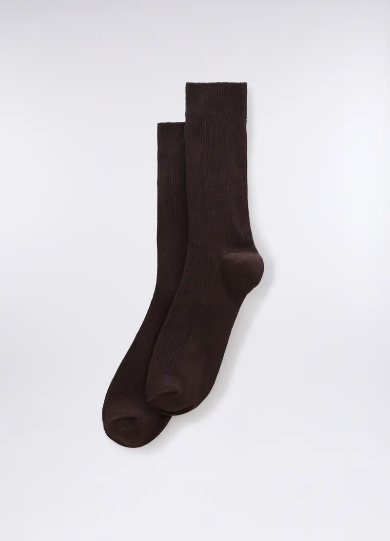 Calze Corte In Cotone Stretch A Costine Uomo, Marrone scuro
