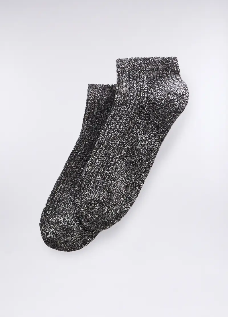 Calze Corte Misto Cotone Stretch Con Filo Lurex Donna, Nero/Argento