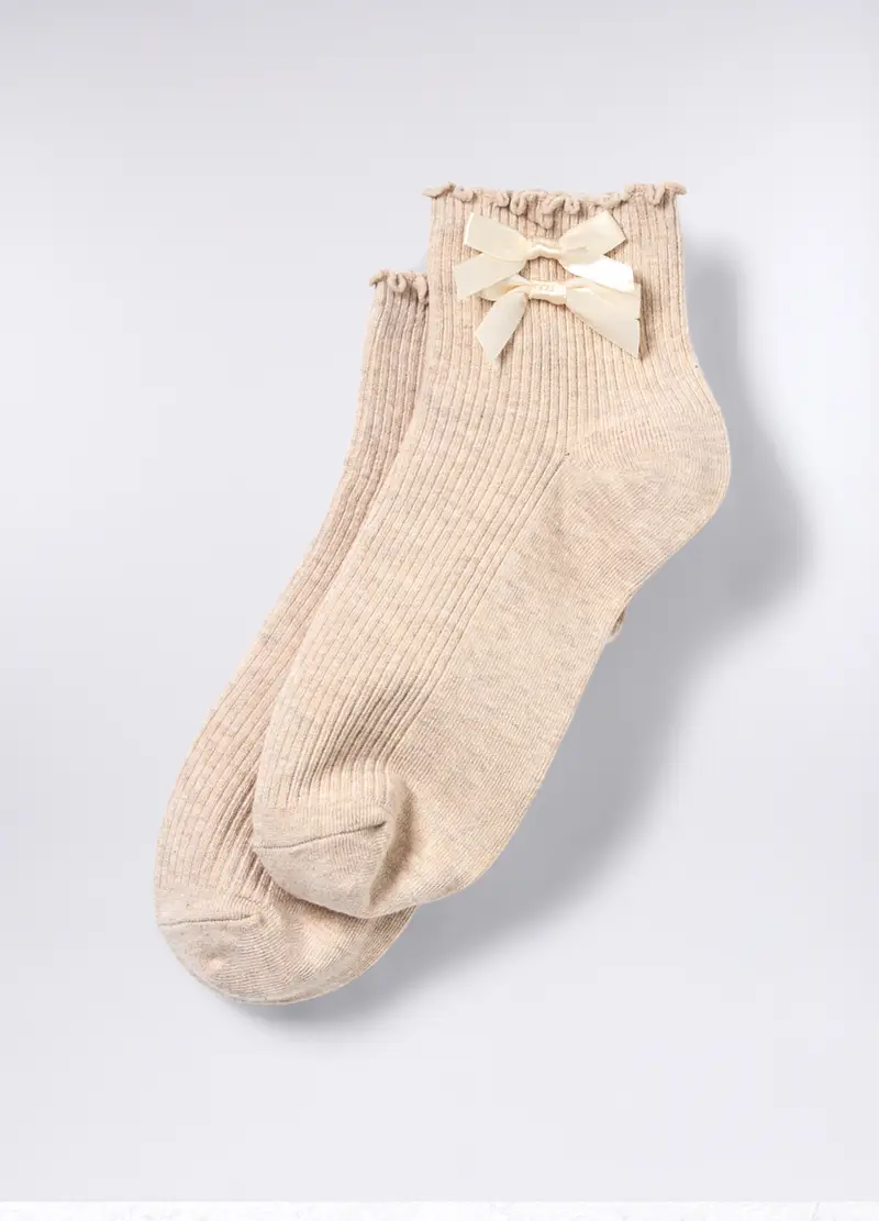 Calze In Costina Di Cotone Stretch Donna, Beige chiaro