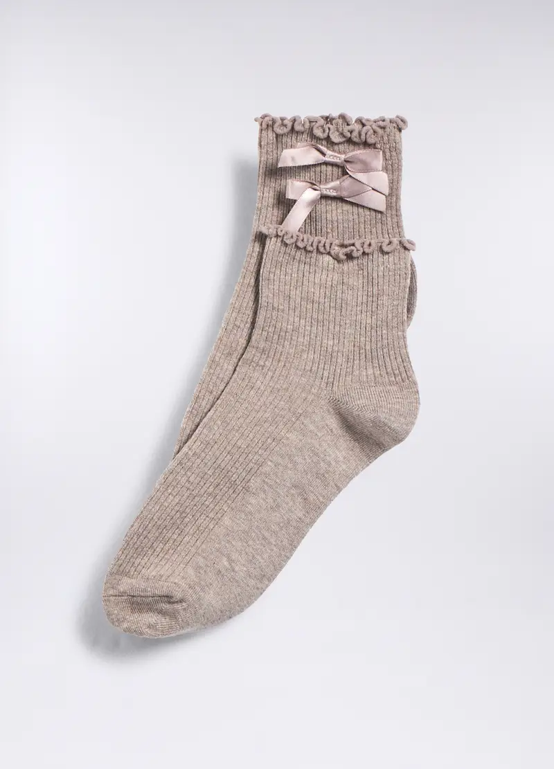 Calze In Costina Di Cotone Stretch Donna, Marrone chiaro