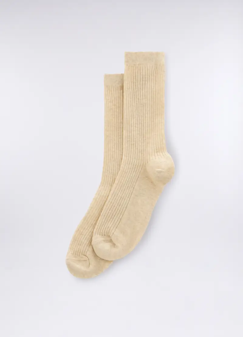 Calze Midi In Costina Di Cotone Stretch Donna, Beige chiaro