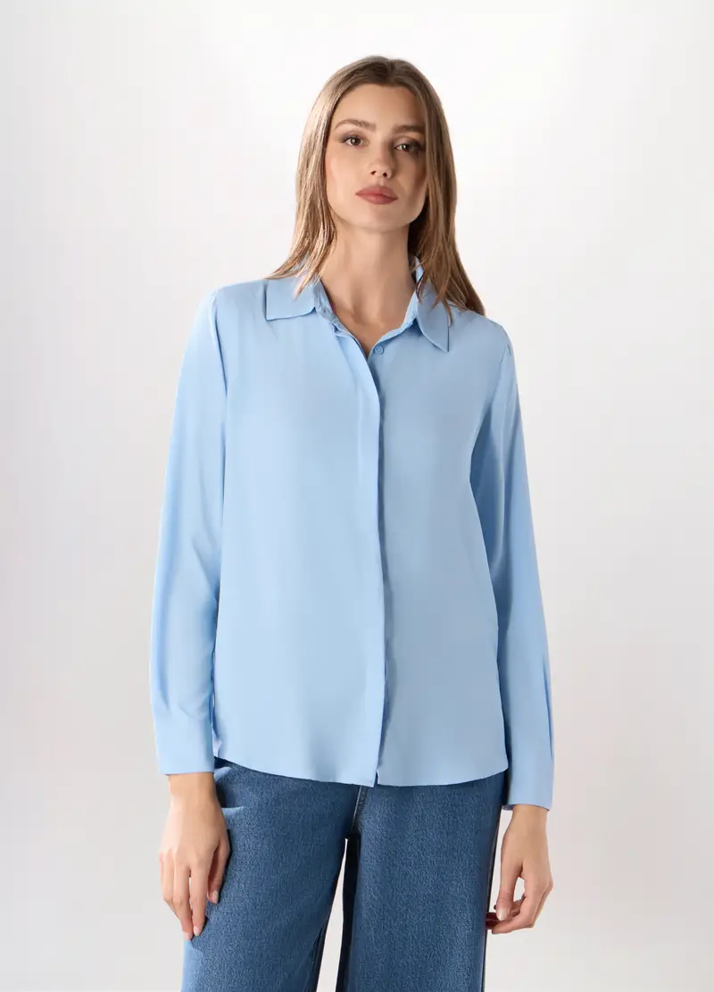 Camicia A Maniche Lunghe Tinta Unita Donna, Azzurro