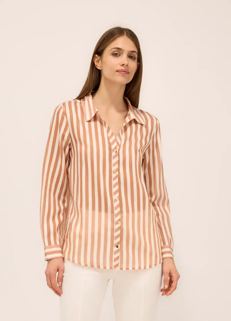 Camicia A Righe In Misto Lyocell Donna, Beige scuro