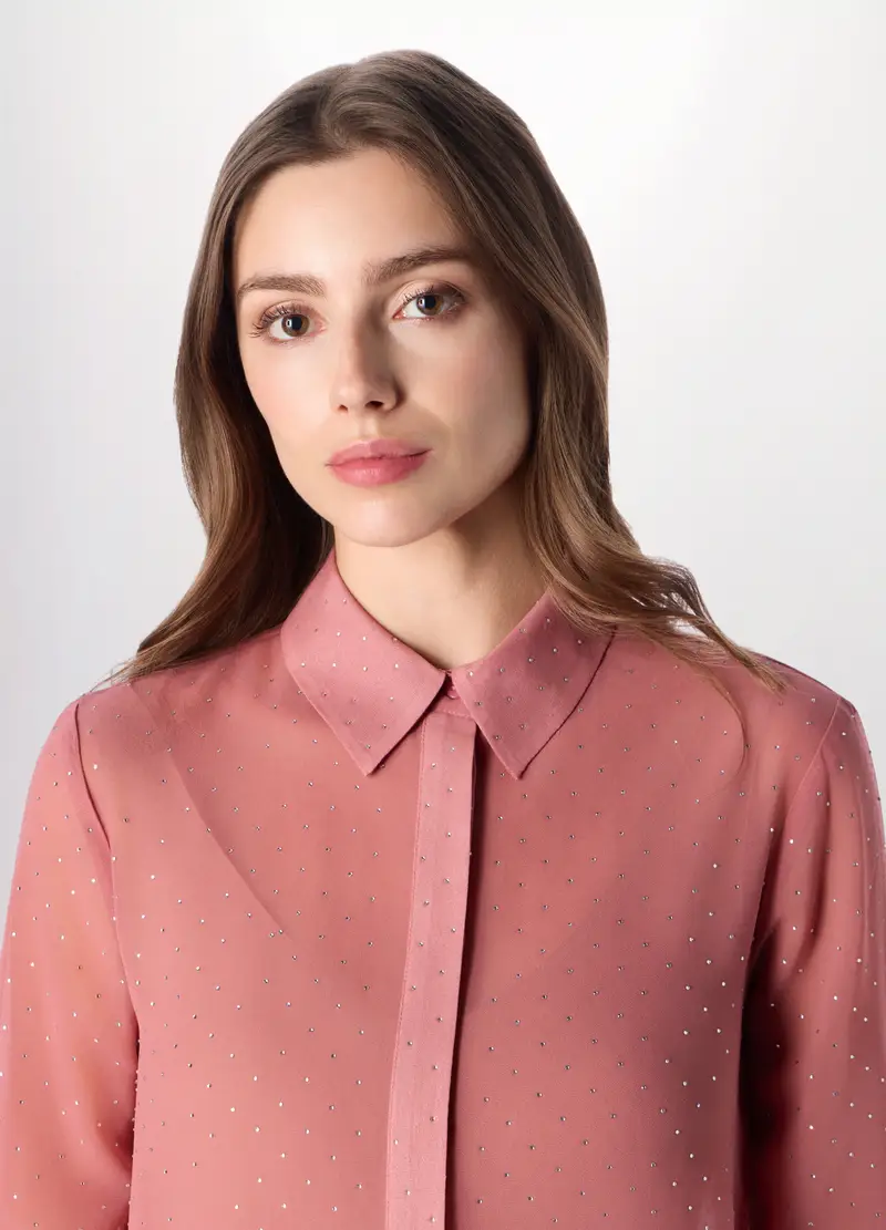 Camicia Chiffon Con Strass Donna, Rosa pastello miniatura 3