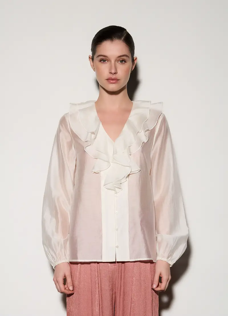 Camicia Con Scollo A V E Rouches Donna, Unisex, Bianco gesso miniatura 2