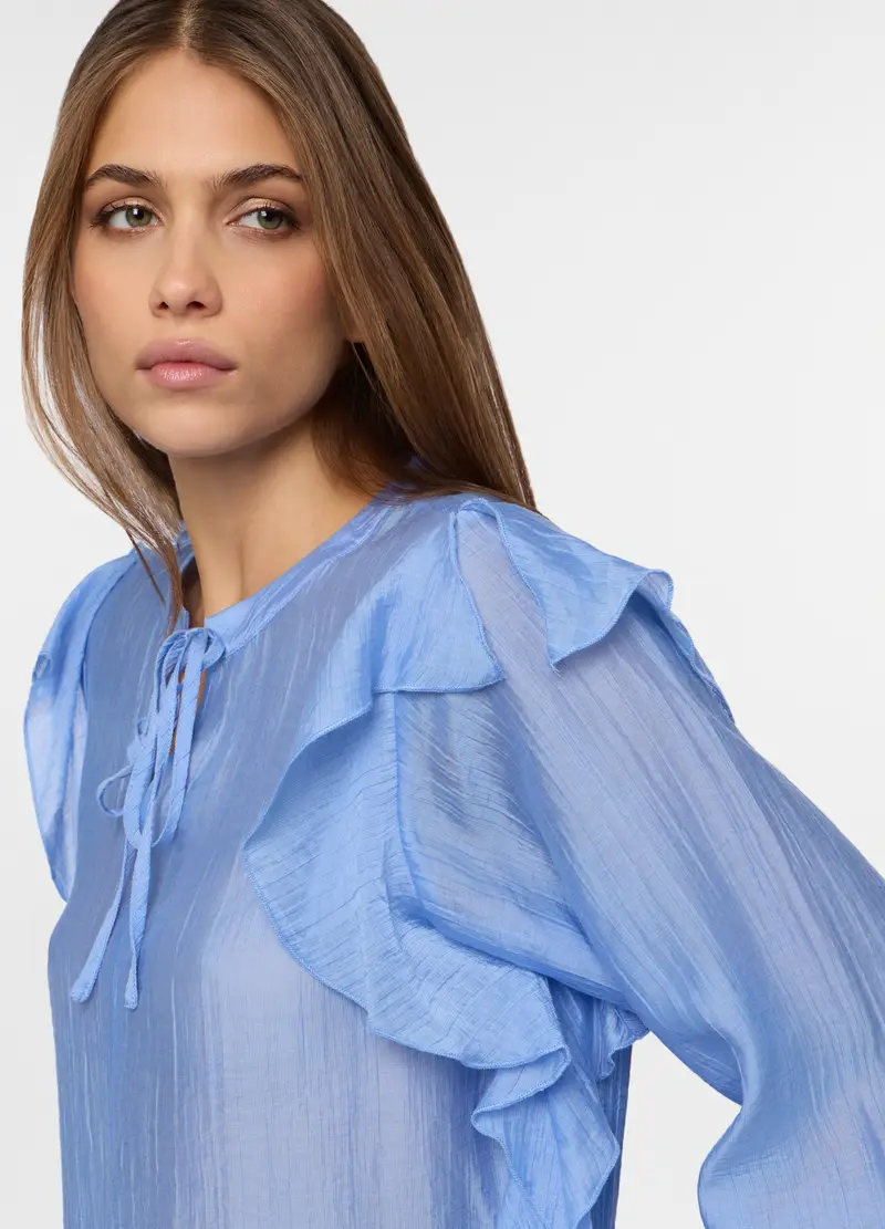 Camicia Crepe Con Rouches Donna, Azzurro celeste miniatura 3