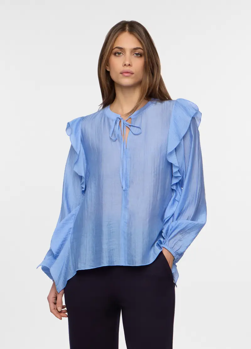 Camicia Crepe Con Rouches Donna, Azzurro celeste