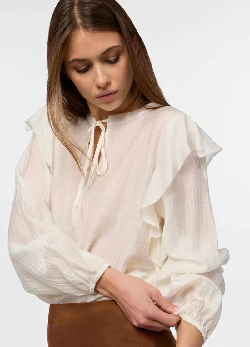 Camicia Crepe Con Rouches Donna, Bianco panna miniatura 3