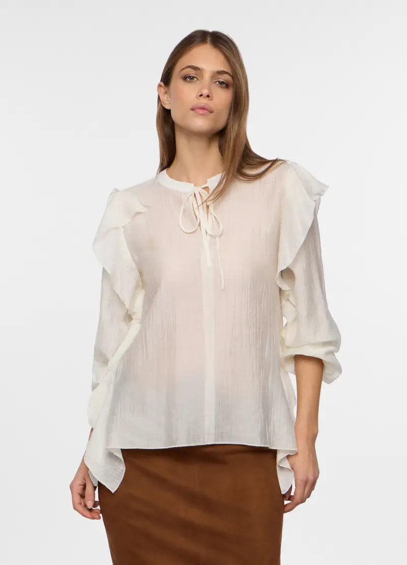 Camicia Crepe Con Rouches Donna, Bianco panna