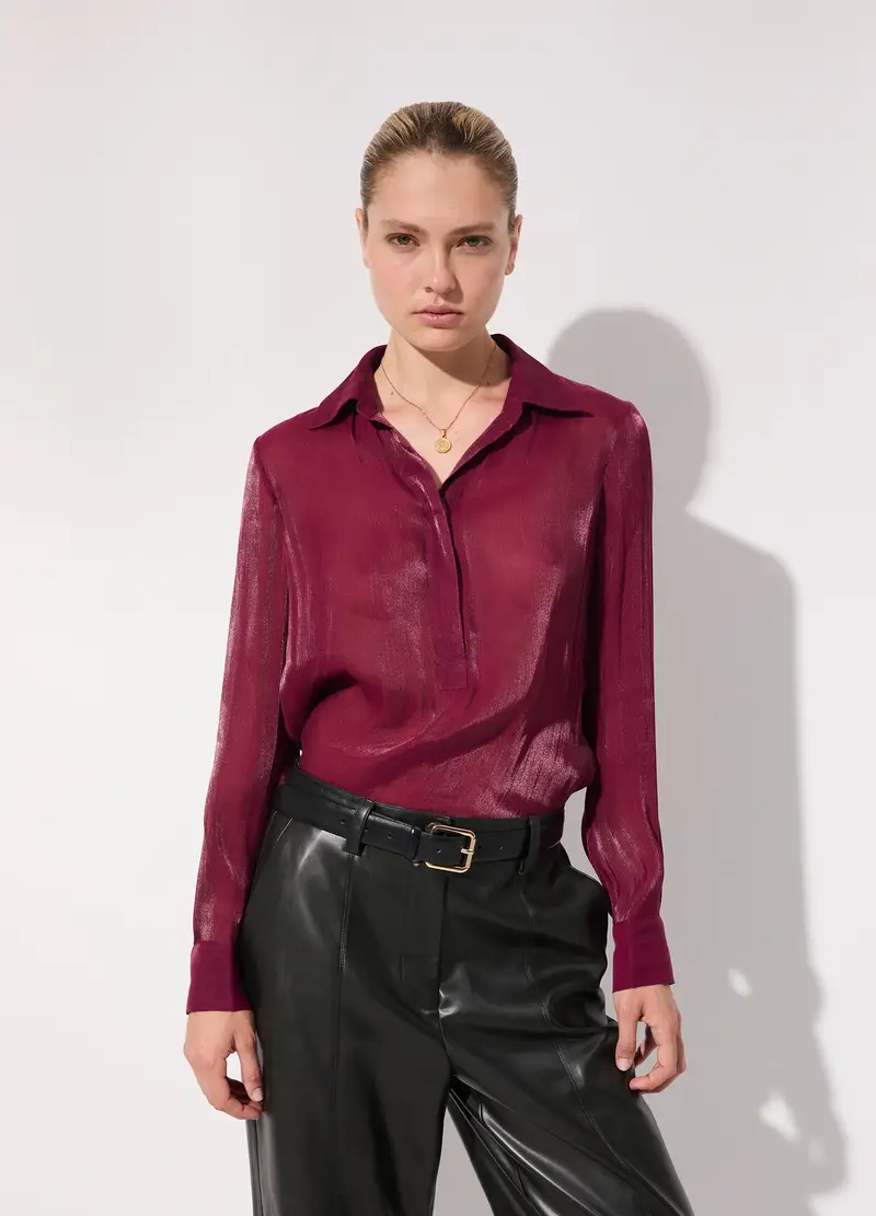 Camicia Crinkle A Mezzo Bottone Donna, Unisex, Rosso ciliegia miniatura 2