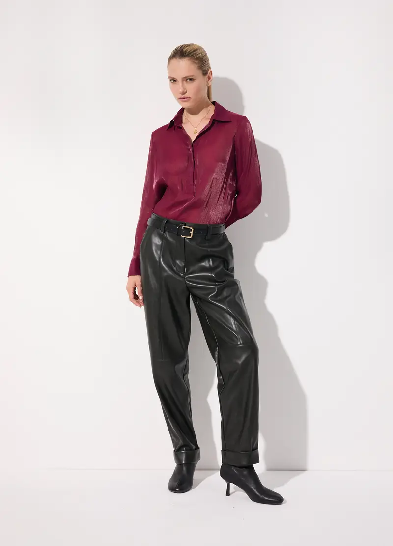 Camicia Crinkle A Mezzo Bottone Donna, Unisex, Rosso ciliegia