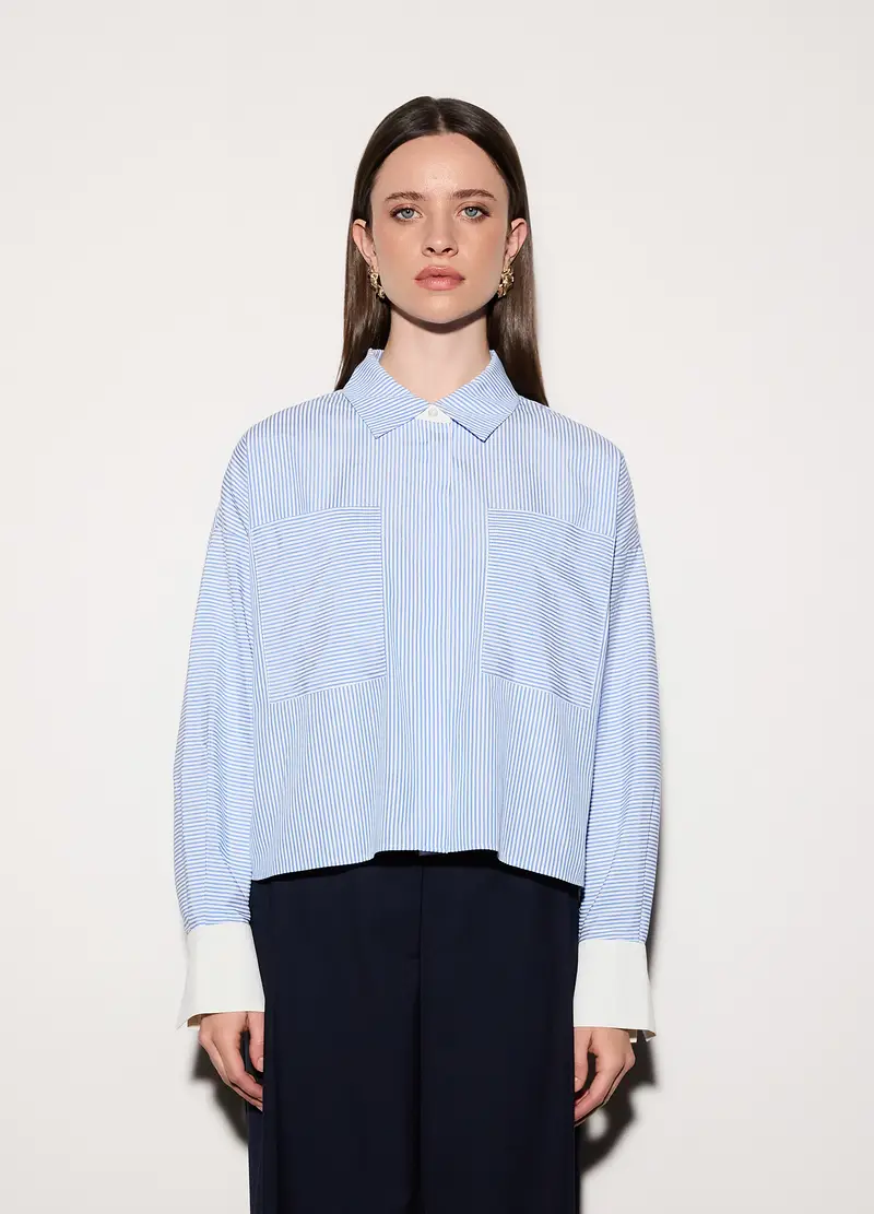 Camicia Cropped Over Fit Con Collo Alla Francese Donna, Unisex, Azzurro cielo miniatura 2
