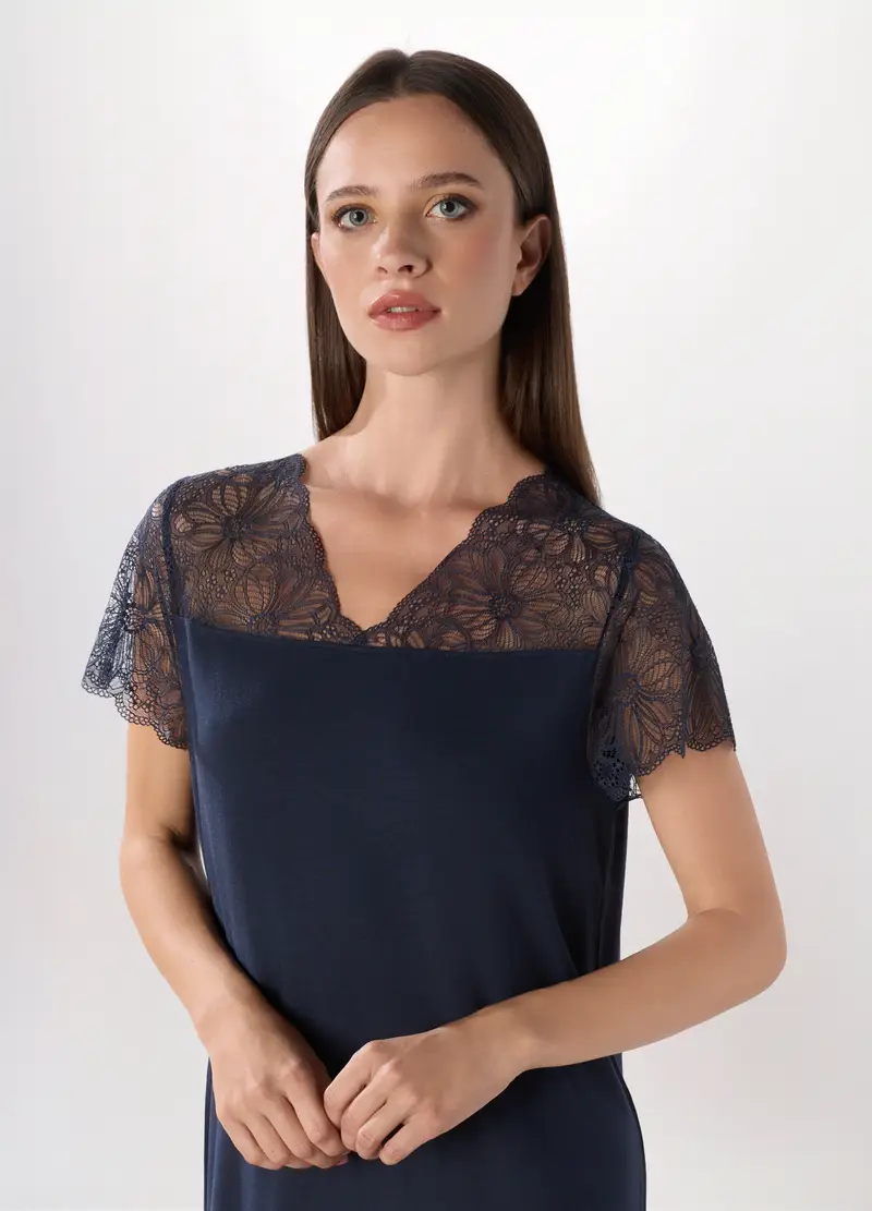 Camicia Da Notte Con Pizzo Donna, Blu scuro miniatura 3