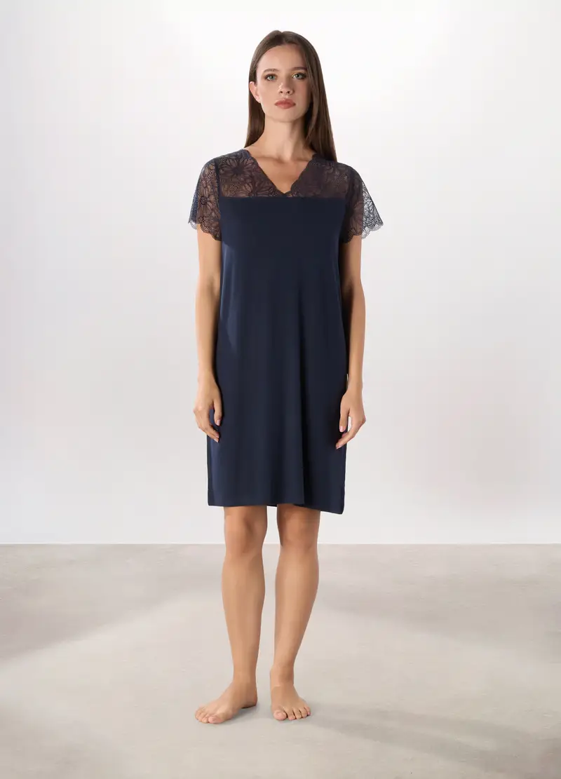 Camicia Da Notte Con Pizzo Donna, Blu scuro