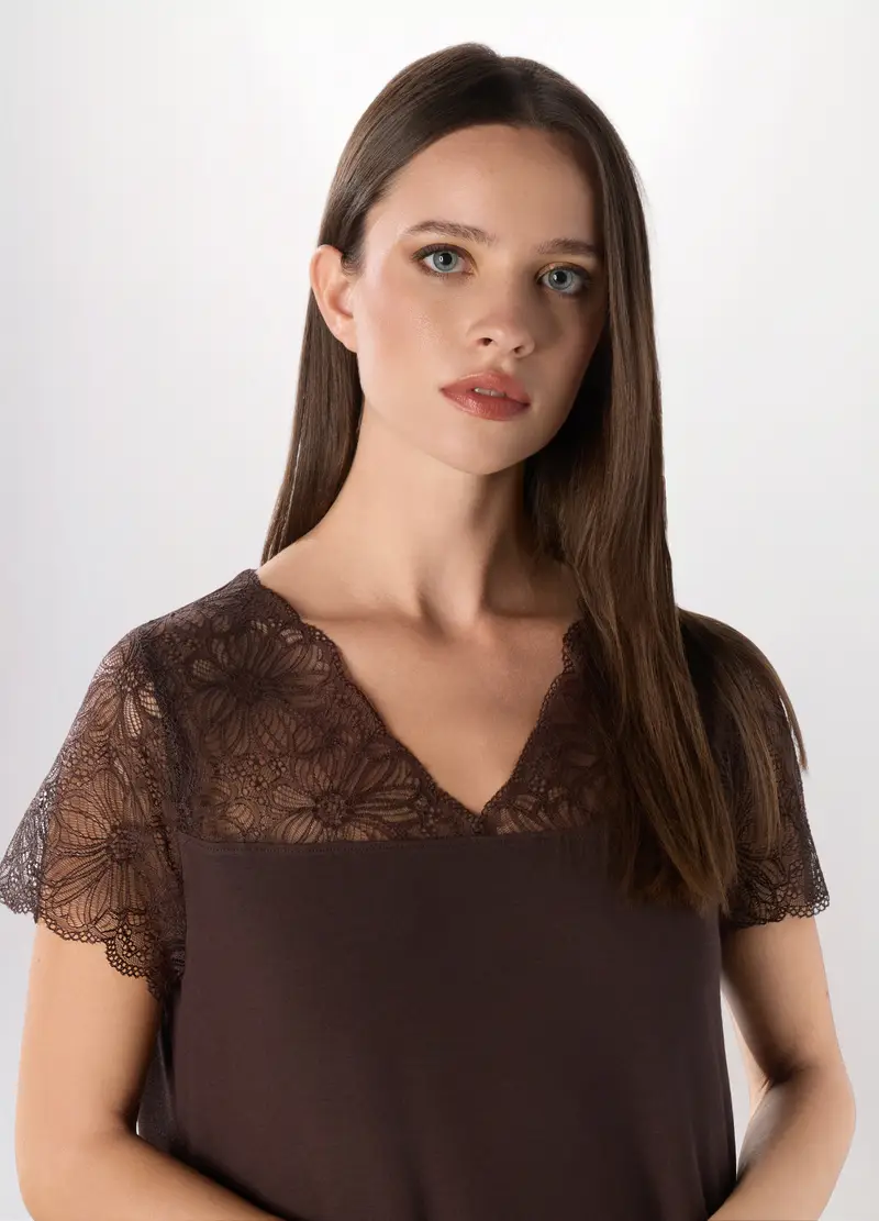 Camicia Da Notte Con Pizzo Donna, Marrone scuro miniatura 3