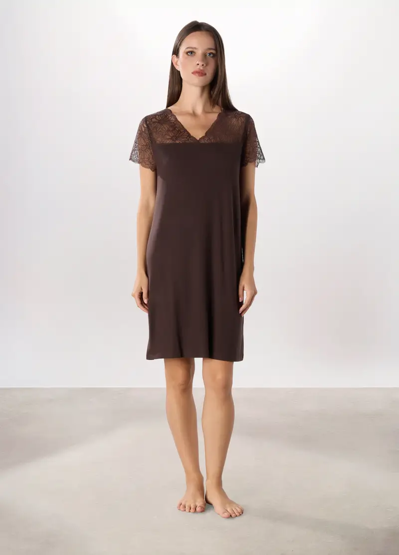Camicia Da Notte Con Pizzo Donna, Marrone scuro