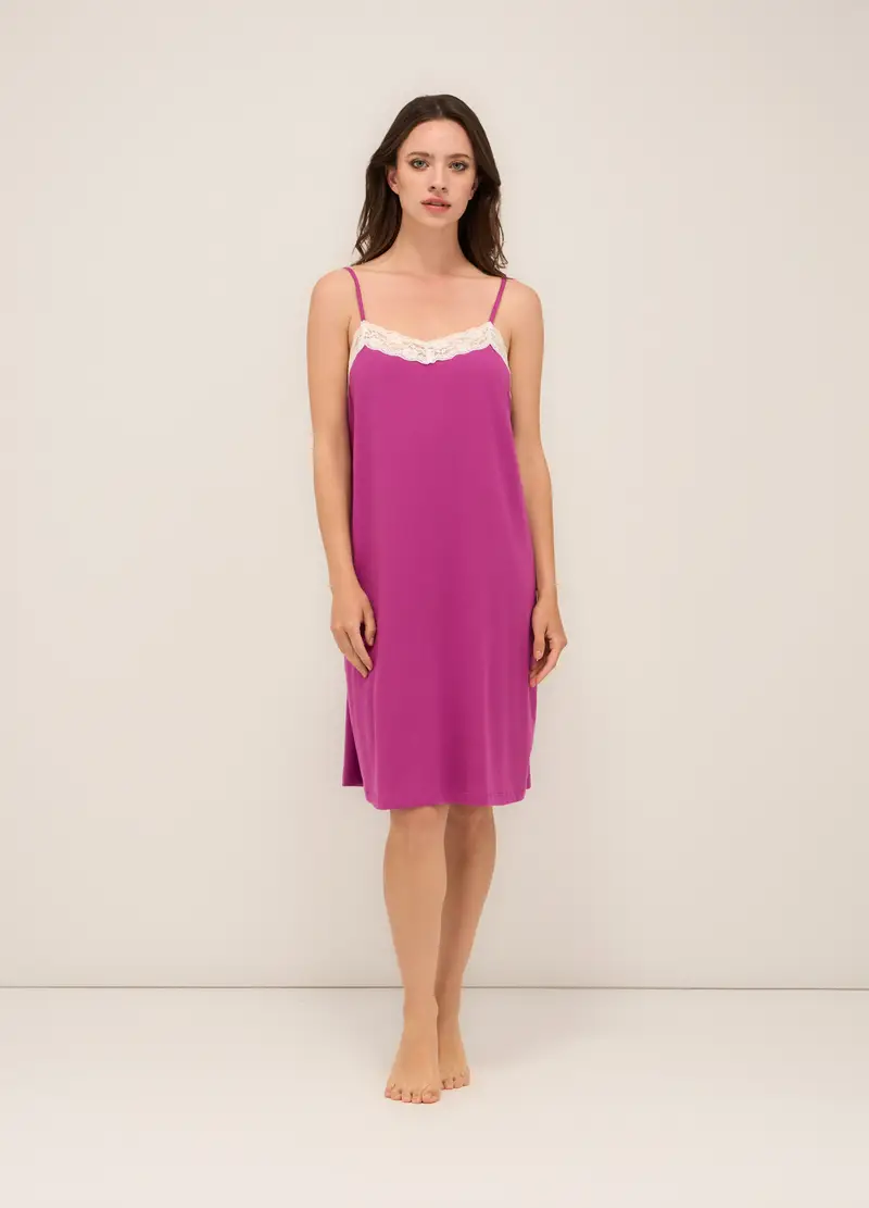 Camicia Da Notte Con Scollo A V In Puro Cotone Donna, Rosa fuxia