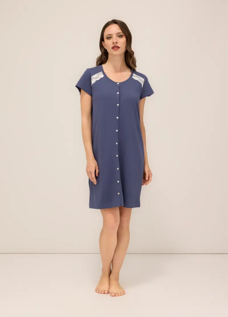 Camicia Da Notte Girocollo In Puro Cotone Donna, Blu indigo