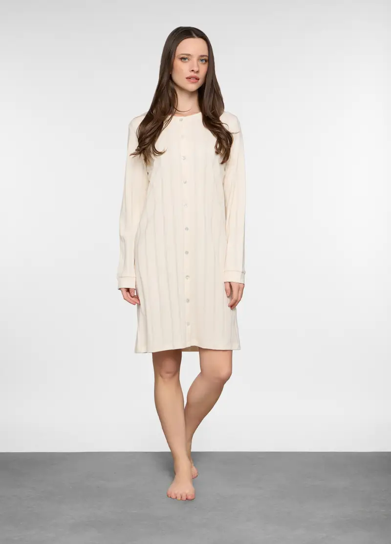 Camicia Da Notte In Costina Stretch Donna, Bianco panna
