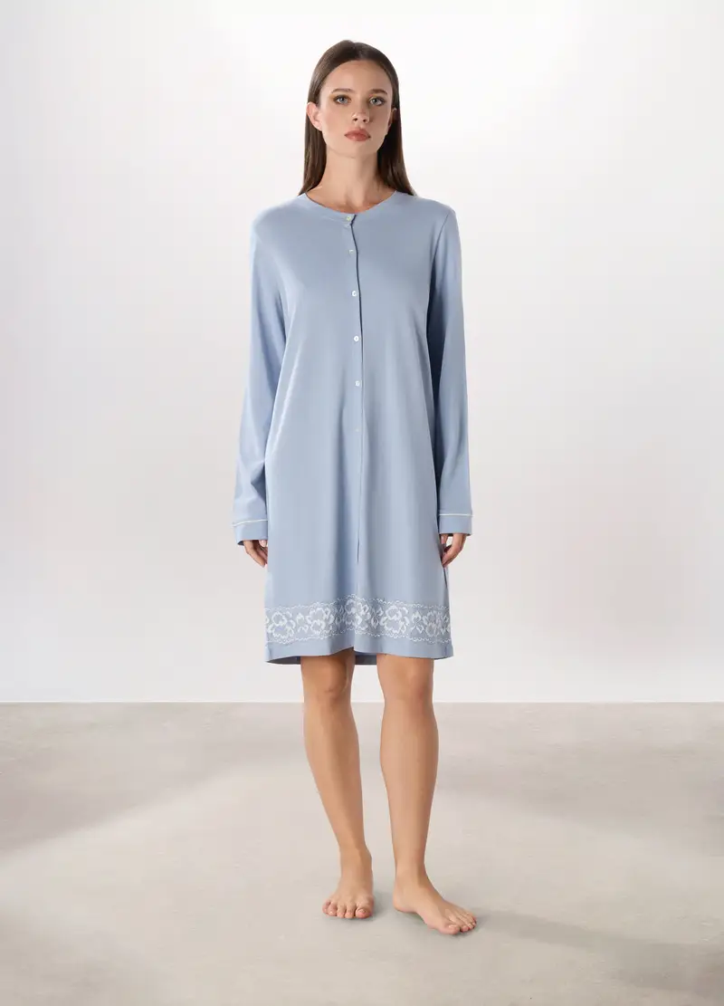 Camicia Da Notte In Cotone Con Pizzo Donna, Azzurro carta da zucchero
