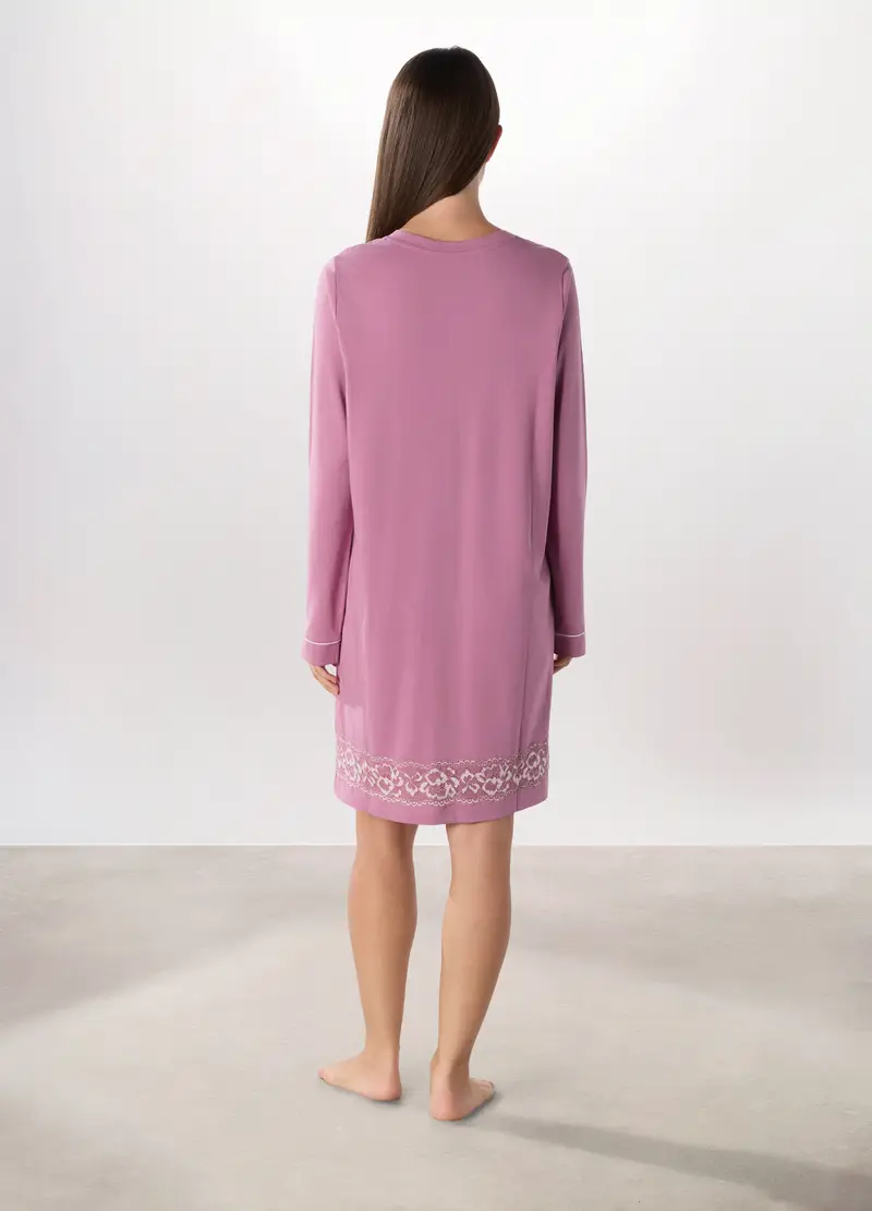Camicia Da Notte In Cotone Con Pizzo Donna, Viola ciclamino miniatura 2