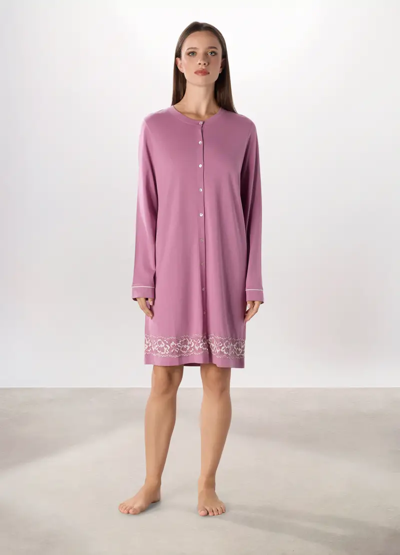 Camicia Da Notte In Cotone Con Pizzo Donna, Viola ciclamino