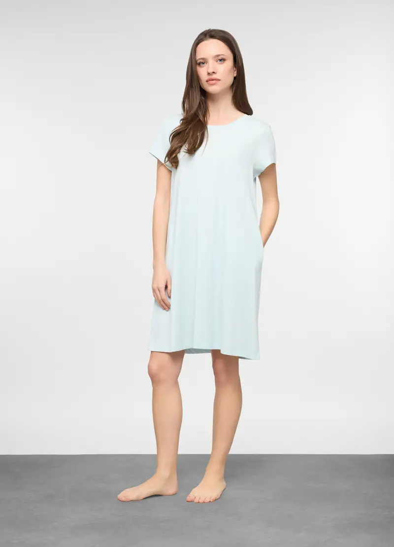 Camicia Da Notte In Jersey Di Puro Cotone Donna, Azzurro acqua
