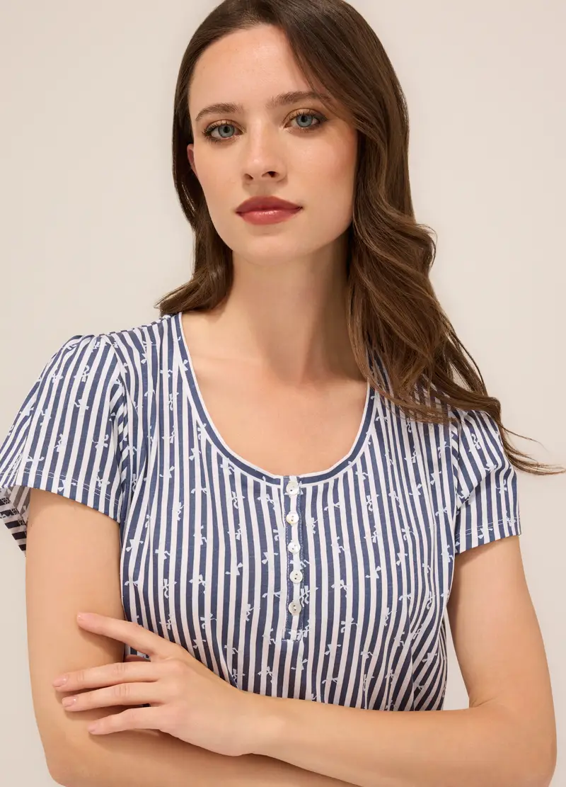 Camicia Da Notte In Jersey Di Puro Cotone Donna, Bianco/Blu miniatura 3