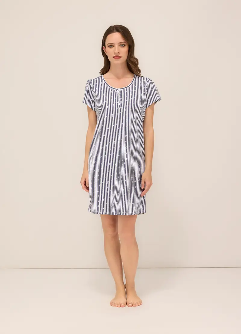 Camicia Da Notte In Jersey Di Puro Cotone Donna, Bianco/Blu