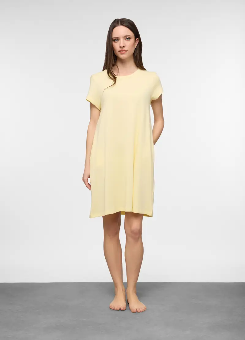 Camicia Da Notte In Jersey Di Puro Cotone Donna, Giallo champagne